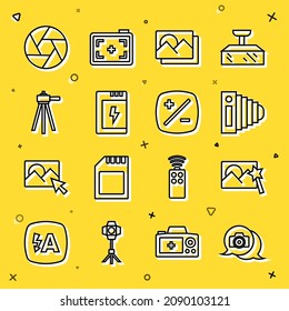 Set line Photo camera, retouching, frame, Battery for, Tripod, Camera shutter and Exposure compensation icon. Vector