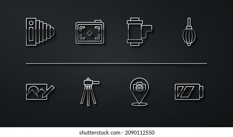 Set line Photo camera, retouching, Dust blower, Tripod, Battery for and Camera roll cartridge icon. Vector