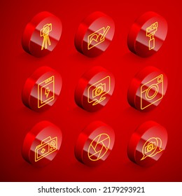 Set line Photo camera, retouching, Action, Battery for,  and Camera shutter icon. Vector