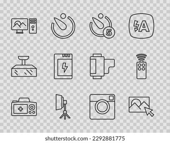 Set line Photo camera, retouching, Camera timer, Softbox light, Battery for,  and Remote control icon. Vector