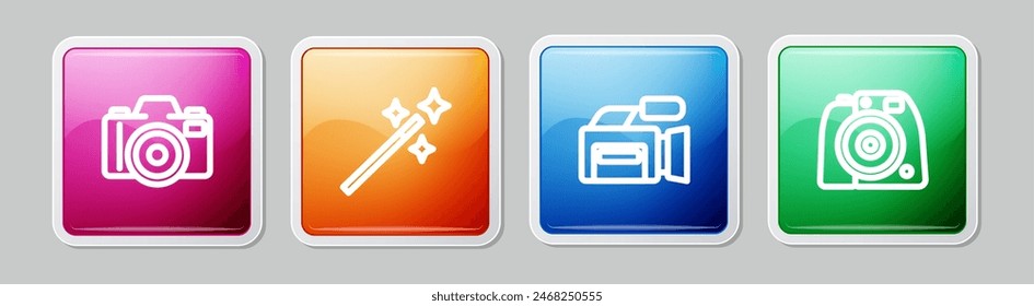 Set line Photo camera, retouching, Cinema and . Colorful square button. Vector