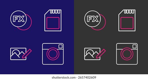 Set line Photo camera, retouching, SD card and fx icon. Vector