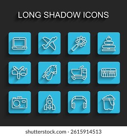 Set line Photo camera, Rocket ship toy, Laptop, Headphones, Sand in bucket, Toy horse, Music synthesizer and truck icon. Vector