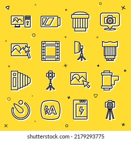 Set line Photo camera, Camera roll cartridge, photo lens, retouching,  and Softbox light icon. Vector