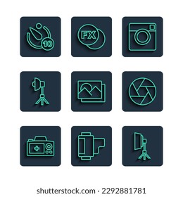 Set line Photo camera, Camera roll cartridge, Softbox light, frame, timer and shutter icon. Vector