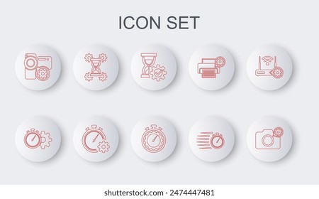 Set line Photo camera setting, Time management, Hourglass, Stopwatch, Video,  and  icon. Vector