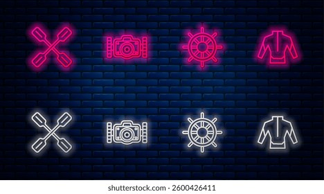 Set line Photo camera, Ship steering wheel, Paddle and Wetsuit. Glowing neon icon on brick wall. Vector