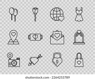 Set line Photo camera, Shopping bag with heart, The world love, Amour symbol and arrow, Balloons ribbon, Two coffee cup, Castle the shape and Wedding arch icon. Vector