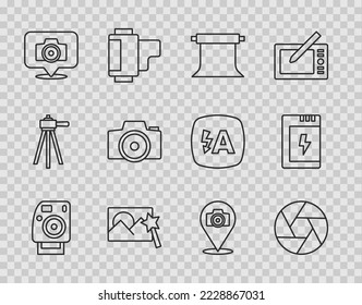 Set line Photo camera, Camera shutter, Empty photo studio, retouching,  and Battery for icon. Vector