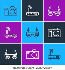 Set line Photo camera, Smart glasses and Router and wi-fi signal icon. Vector