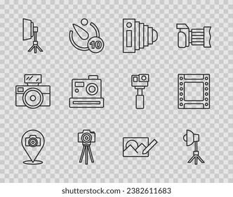 Set line Photo camera, Softbox light, retouching and Camera roll cartridge icon. Vector