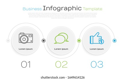 Set line Photo camera, Speech bubble chat and Hand like. Business infographic template. Vector
