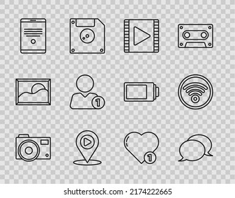 Set line Photo camera, Speech bubble chat, Play Video, Digital media play with location, Tablet, Add friend, Like and heart and Wi-Fi wireless internet network icon. Vector