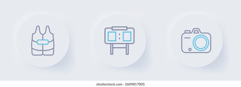 Set line Photo camera, Sport mechanical scoreboard and Life jacket icon. Vector