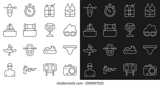 Set line Photo camera, Swimming trunks, Glasses for swimming, Aqualung, Water volleyball net, Yacht sailboat, Kayak and paddle and Award cup icon. Vector