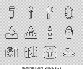 Set line Photo camera, Swiss army knife, Wooden axe, Camping and hiking on map, Flashlight, Tourist tent, Sunrise and Bucket icon. Vector