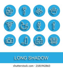 Set line Photo camera, Thermos container, Jug glass with water, First aid kit, Butterfly, Fruit, Spoon and Wine icon. Vector