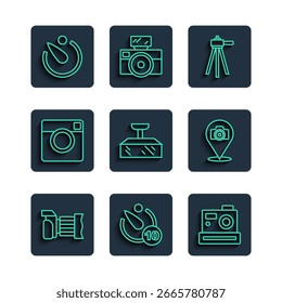 Set line Photo camera, Camera timer, Tripod, Softbox light,  and  icon. Vector