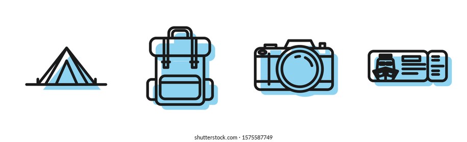 Set line Photo camera, Tourist tent, Hiking backpack and Cruise ticket for traveling by ship icon. Vector