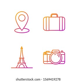 Set line Photo camera, tower, Map pin and Suitcase for travel. Gradient color icons. Vector