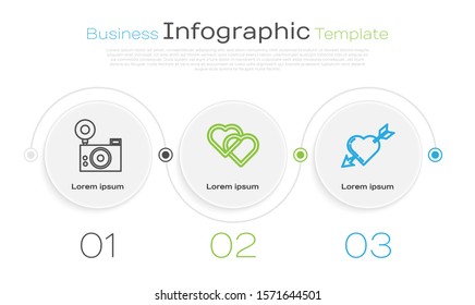 Set line Photo camera, Two Linked Hearts and Amour symbol with heart and arrow. Business infographic template. Vector