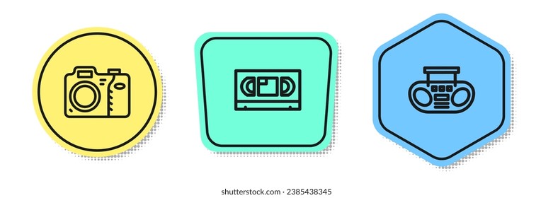 Set line Photo camera, VHS video cassette tape and Home stereo with two speakers. Colored shapes. Vector
