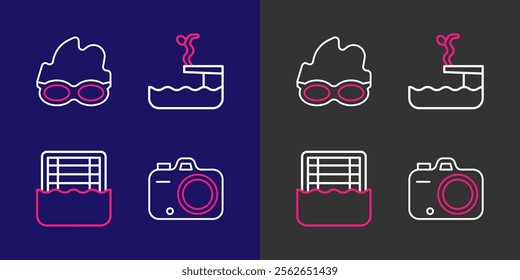 Set line Photo camera, Water polo, Swimmer diving into pool and Glasses for swimming icon. Vector