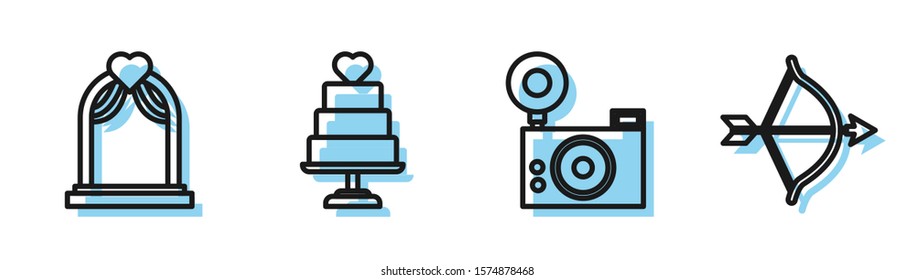 Set line Photo camera, Wedding arch, Wedding cake with heart and Bow and arrow icon. Vector