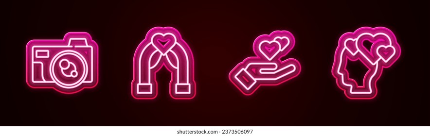 Fijar la línea de la cámara fotográfica, arco de bodas, la mano del corazón y la cabeza con el corazón. Icono de neón brillante. Vector