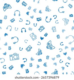 Set line Photo camera, Wireless gamepad and Headphones on seamless pattern. Vector