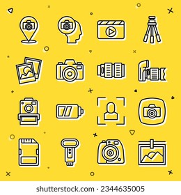 Set line Photo frame, camera, Movie clapper,  and Camera photo lens icon. Vector