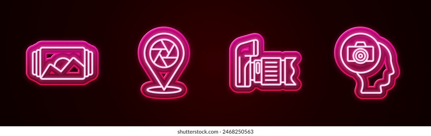 Set line Photo frame, Camera shutter, camera and . Glowing neon icon. Vector