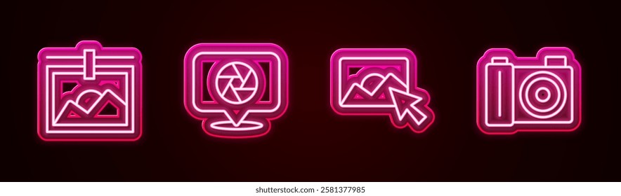 Set line Photo frame, Camera shutter, retouching and camera. Glowing neon icon. Vector