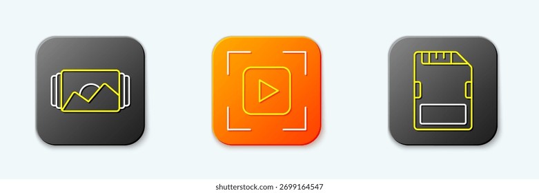 Set line Photo frame, Camera focus line and SD card icon. Vector
