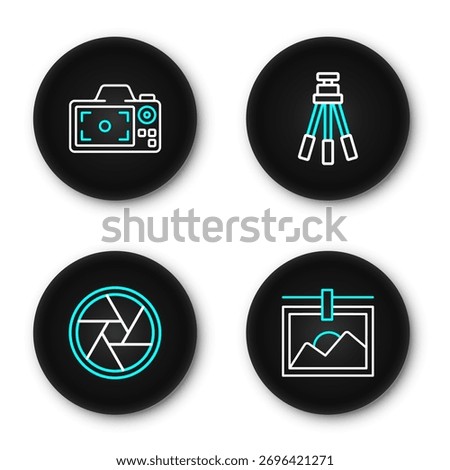 Set line Photo frame, Camera shutter, Tripod and camera icon. Vector