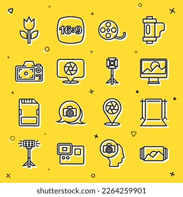 Set line Photo frame, Empty photo studio, retouching, Film reel, Camera shutter, camera, mode macro and Studio light bulb softbox icon. Vector