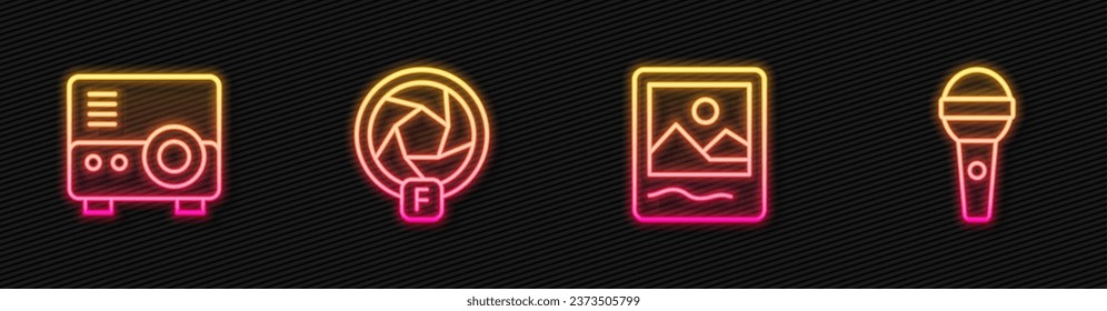 Set line Photo frame, Media projector, Camera shutter and Microphone. Glowing neon icon. Vector