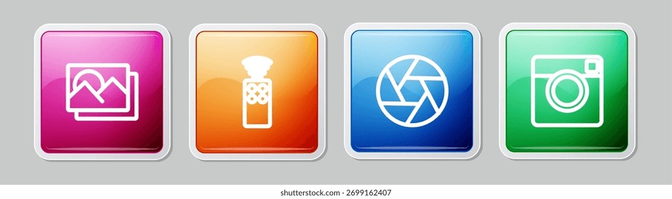 Set line Photo frame, Remote control for camera, Camera shutter and . Colorful square button. Vector