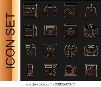 Set line Photo frame, Retro audio cassette tape, Actor trailer, Music wave equalizer, Video recorder on laptop, Scenario, Histogram graph photography and Online play video icon. Vector