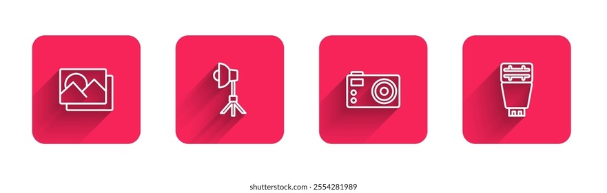 Set line Photo frame, Softbox light, camera and flash with long shadow. Red square button. Vector