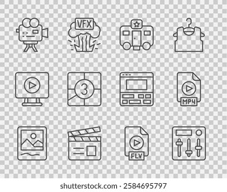 Set line Photo frame, Sound mixer controller, Actor trailer, Movie clapper, Retro cinema camera, Old film movie countdown, FLV file document and MP4 icon. Vector