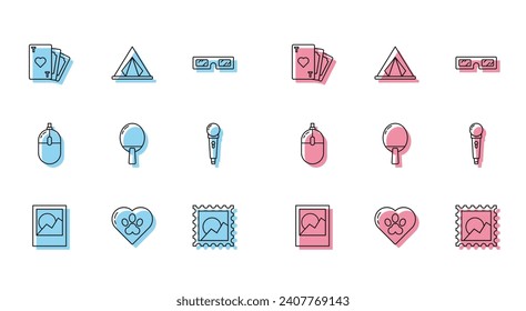 Set line Photo frames, Heart with animals footprint, Playing card heart symbol, Picture landscape, Racket for playing table tennis, Microphone, Computer mouse and Tourist tent icon. Vector