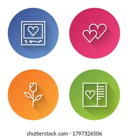 Set line Photo frames and hearts, Heart, Flower rose and Postcard with. Color circle button. Vector