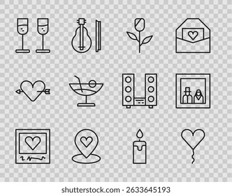 Set line Marcos de fotos y corazones, Globo en forma de, Rosa de flores, Locación con, Champán de vidrio, Cóctel, Vela ardiente e ícono de foto familiar. Vector