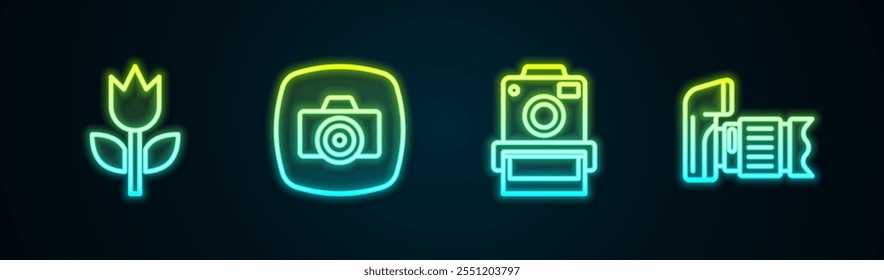 Set line Photo mode macro, camera,  and . Glowing neon icon. Vector