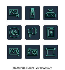 Set line Photo retouching, camera, Empty photo studio, Softbox light, Auto flash,  and Battery for icon. Vector