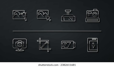 Set line Photo retouching, camera, Battery for, Picture crop photo,  and Softbox light icon. Vector