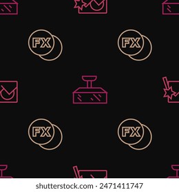 Set line Photo retouching, camera fx and Softbox light on seamless pattern. Vector