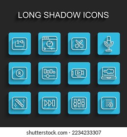Set line Photo retouching, Fast forward, Repeat track music player, Sound mixer controller, Add playlist, Music equalizer, audio recorder and Online video icon. Vector