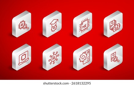 Set line Photo retouching, Graduation cap, Processor CPU, Artificial intelligence robot, Neural network,  and  icon. Vector